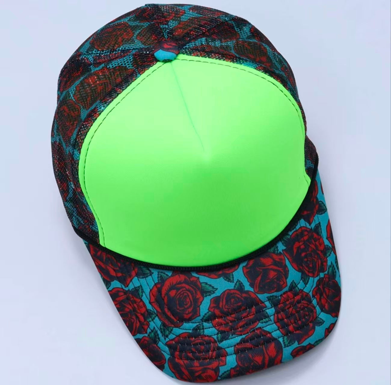 Neon Green Rose Print Trucker Cap