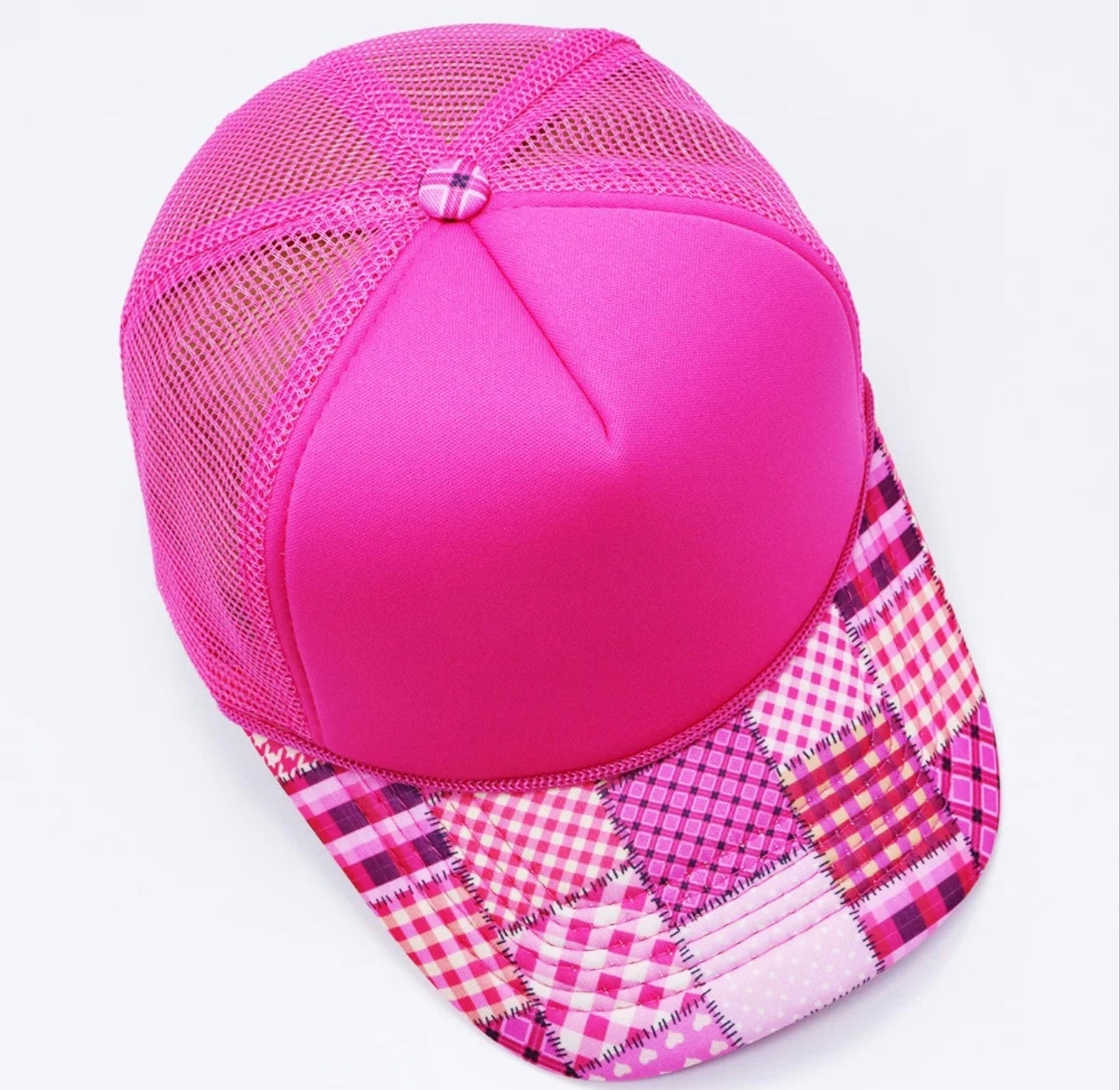 Hot Pink Plaid Patchwork Trucker Cap