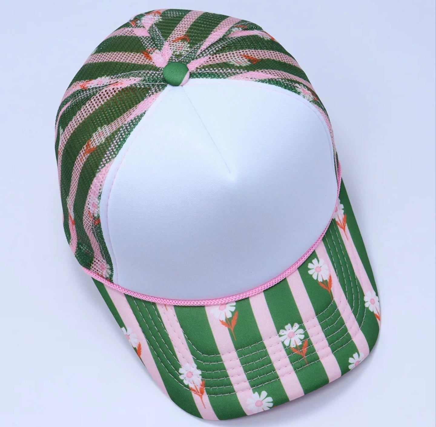 Green Stripe & Daisy Print Trucker Cap