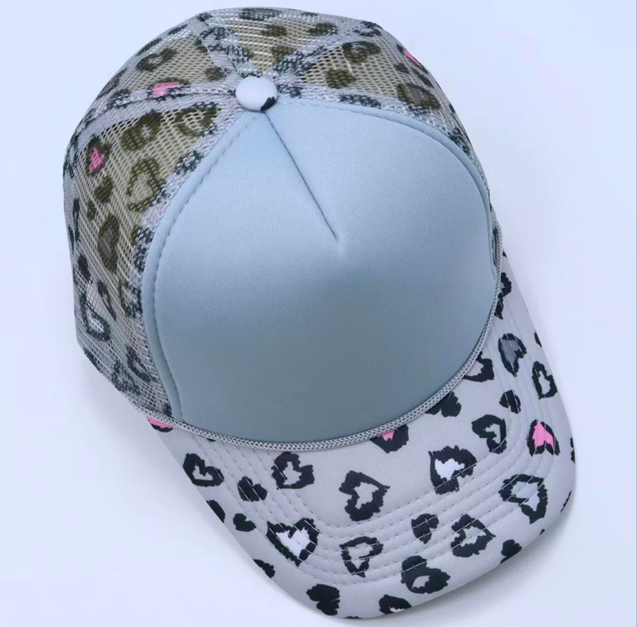 Light Grey Leopard Heart Print Trucker Cap