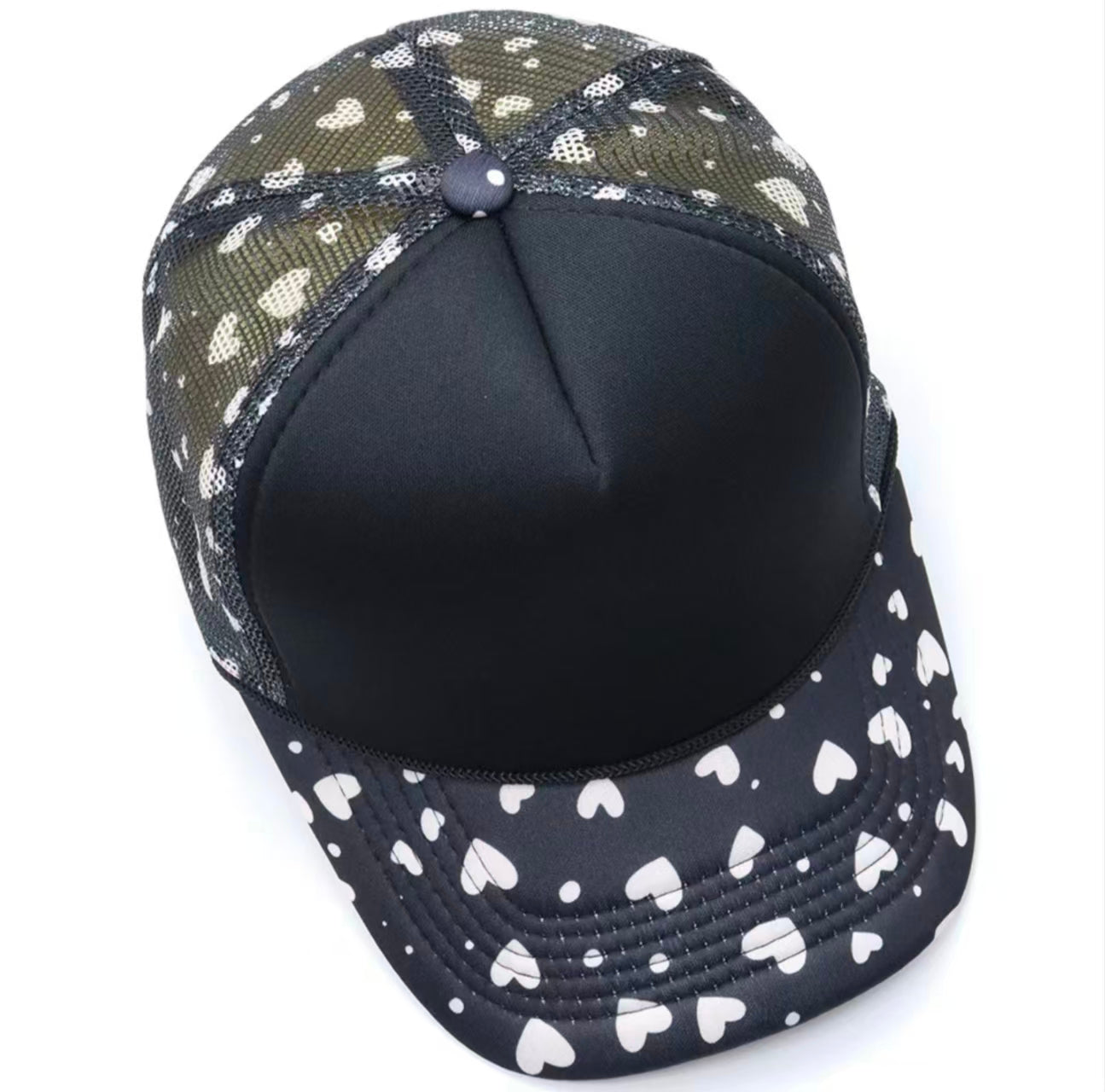 Black White Heart Print Trucker Cap