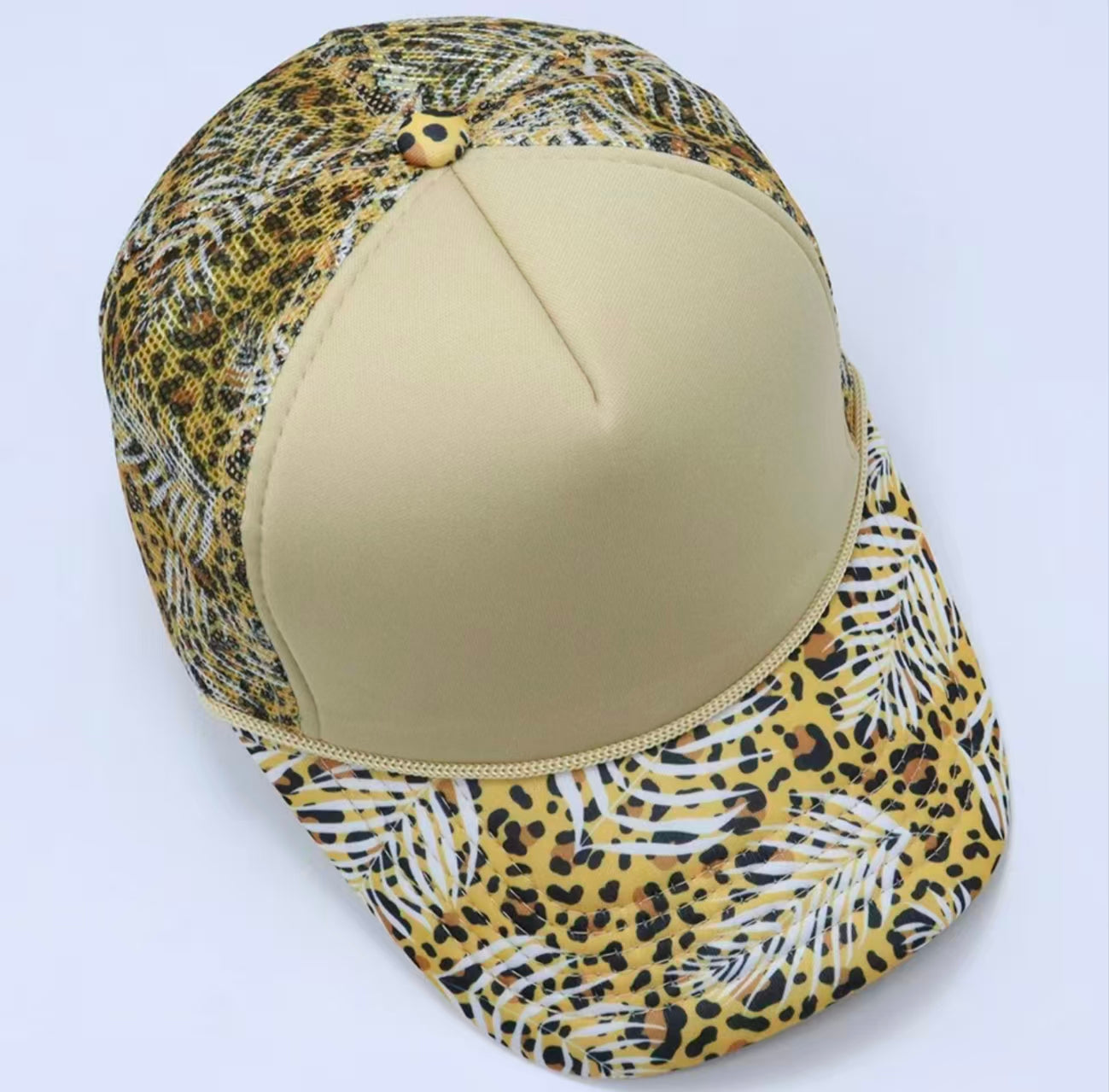 Beige Leopard & Palm Print Trucker Cap