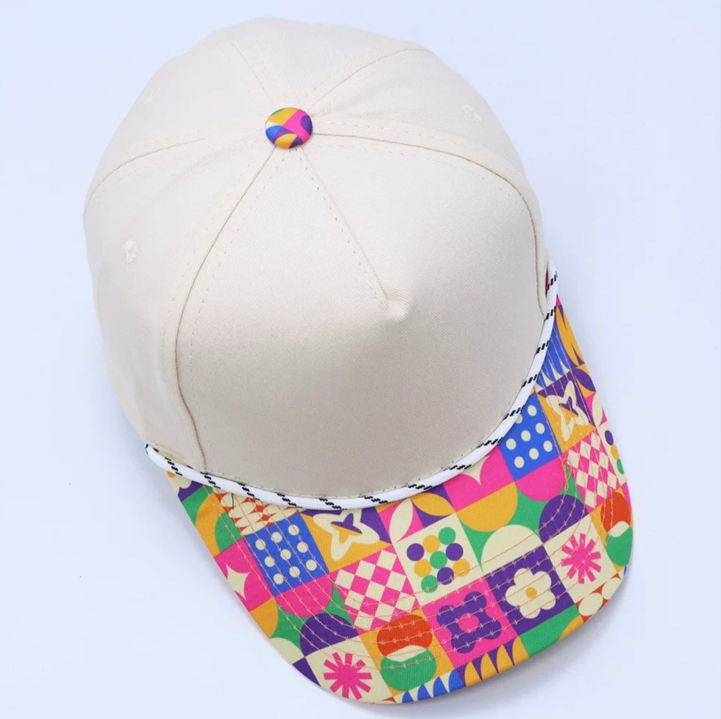 Beige & Multicolor Geometric Print Cap