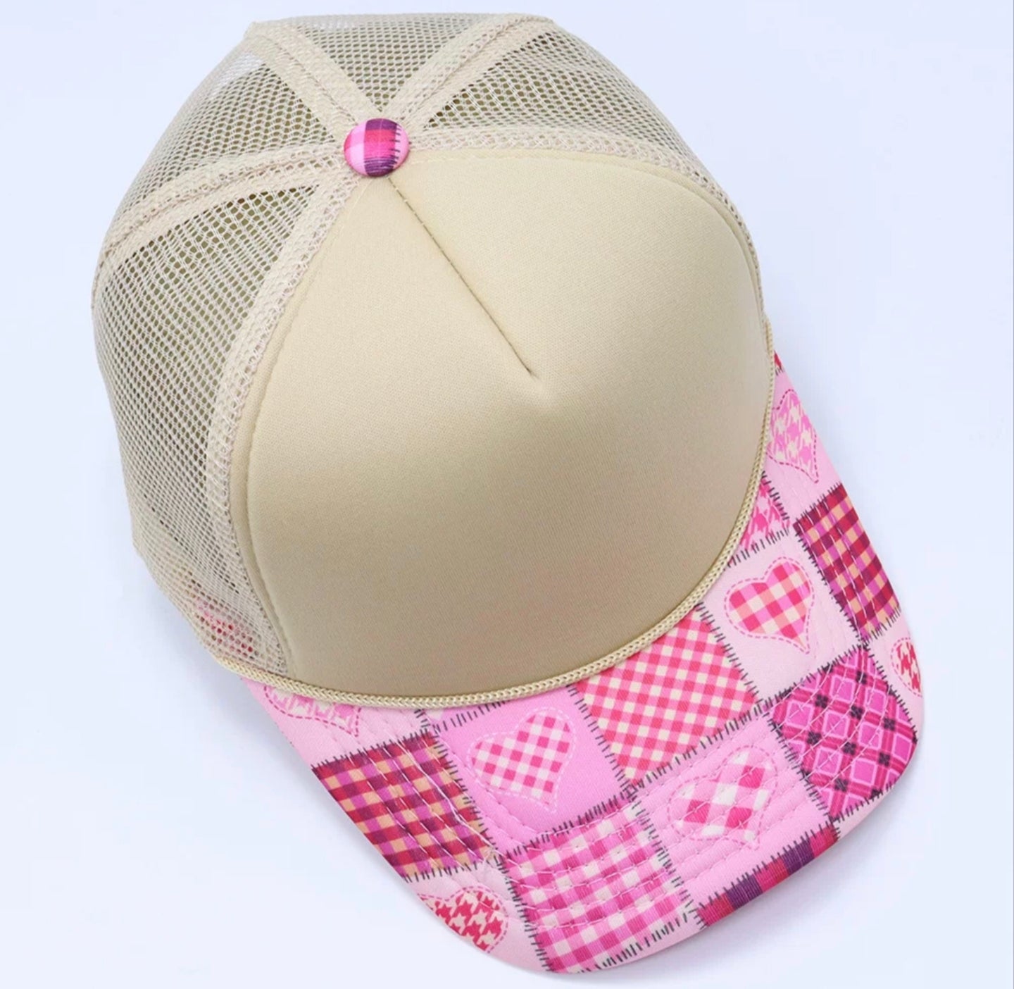 Beige Pink Heart Patchwork Trucker Cap