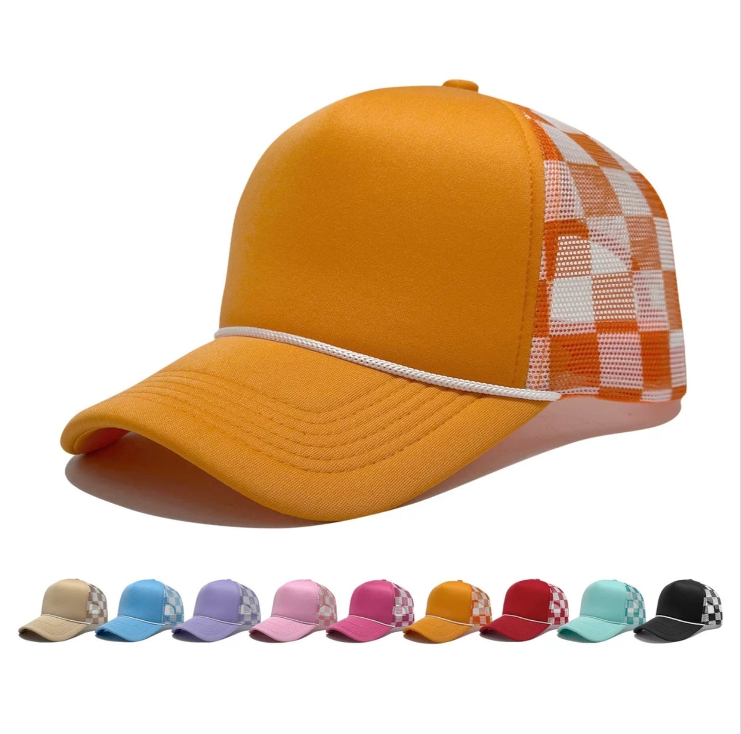  Blank Foam Trucker Hat with Colorful Checkered Mesh Back, Adjustable Baseball Cap with Decorative Rope 