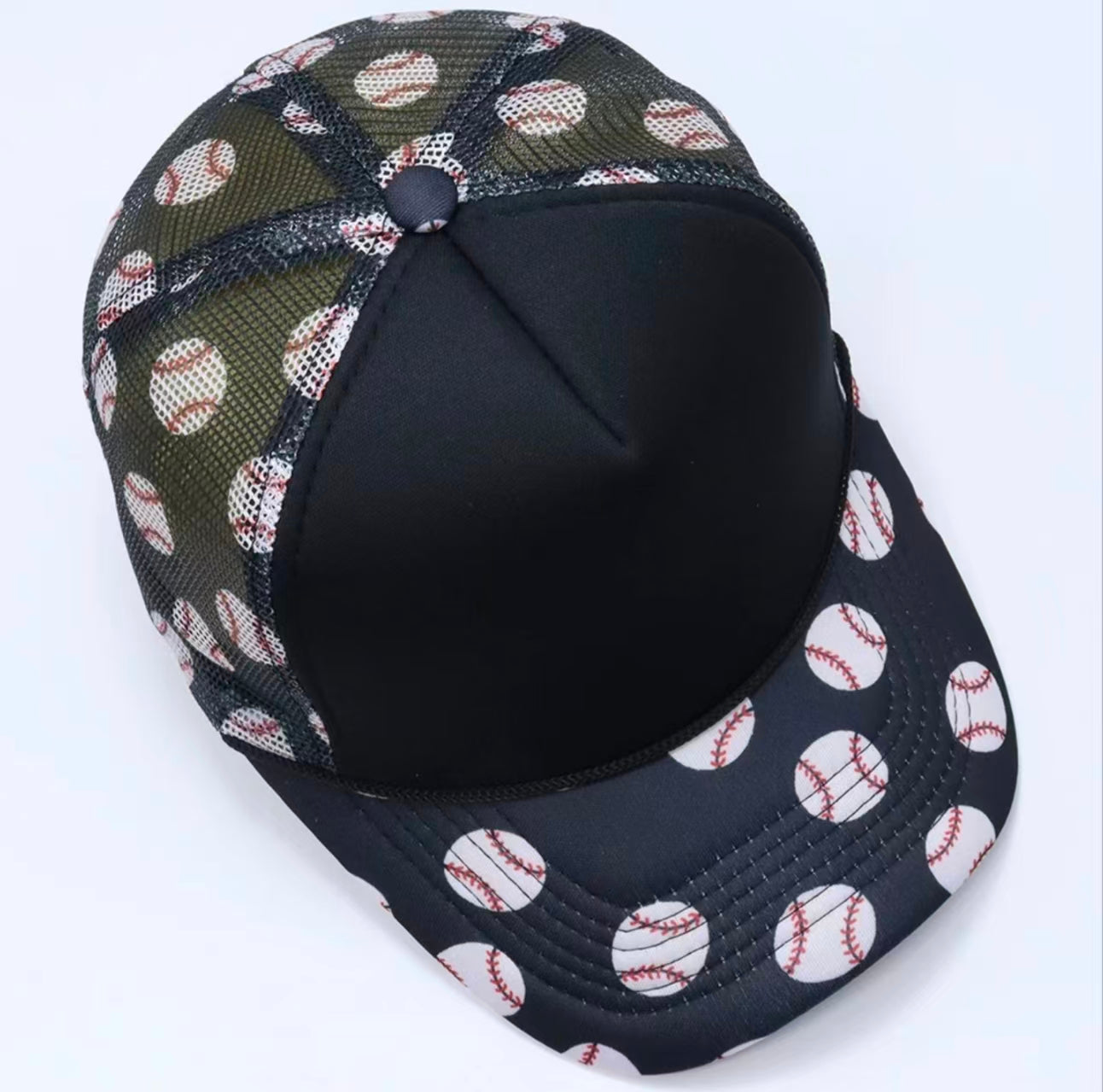Black Baseball Print Trucker Cap