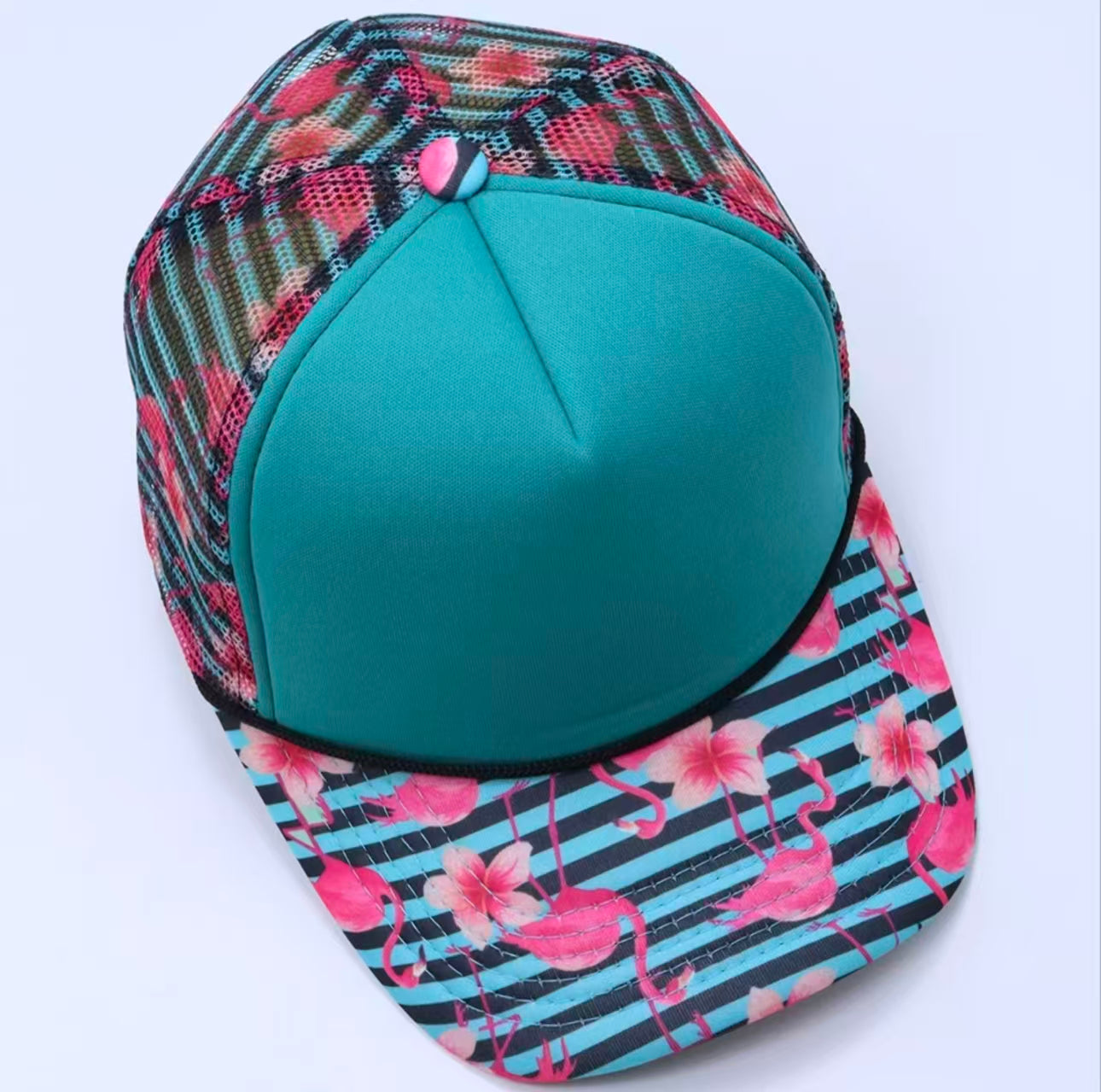 Teal Flamingo Striped Trucker Cap