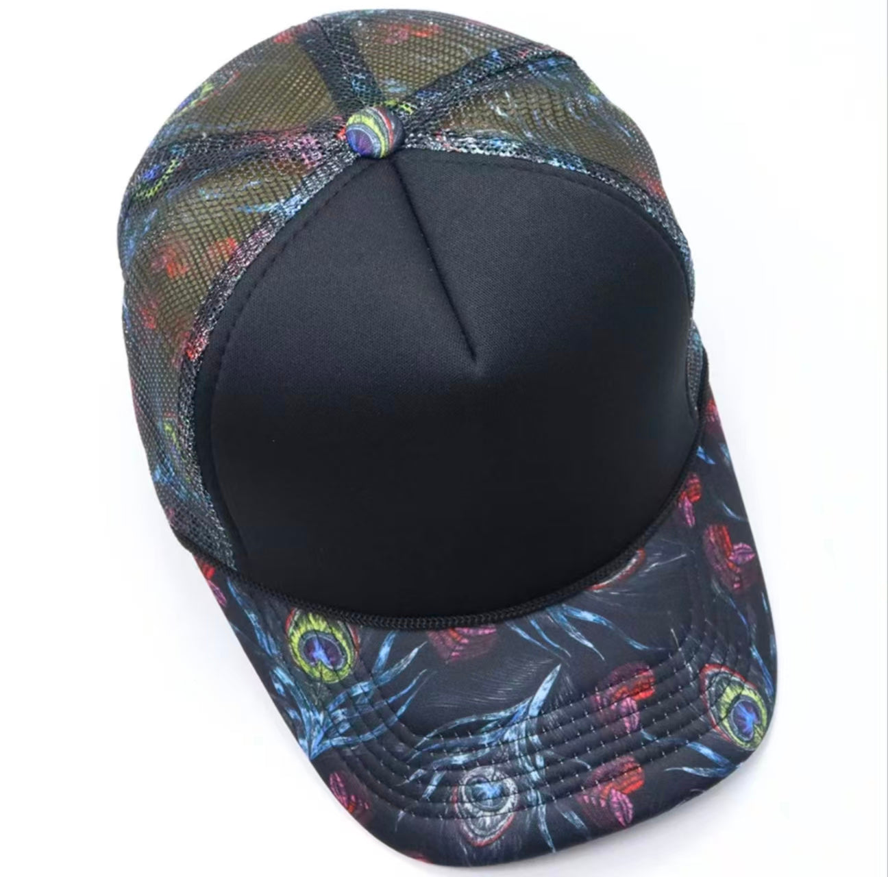 Black Peacock Feather Print Trucker Cap