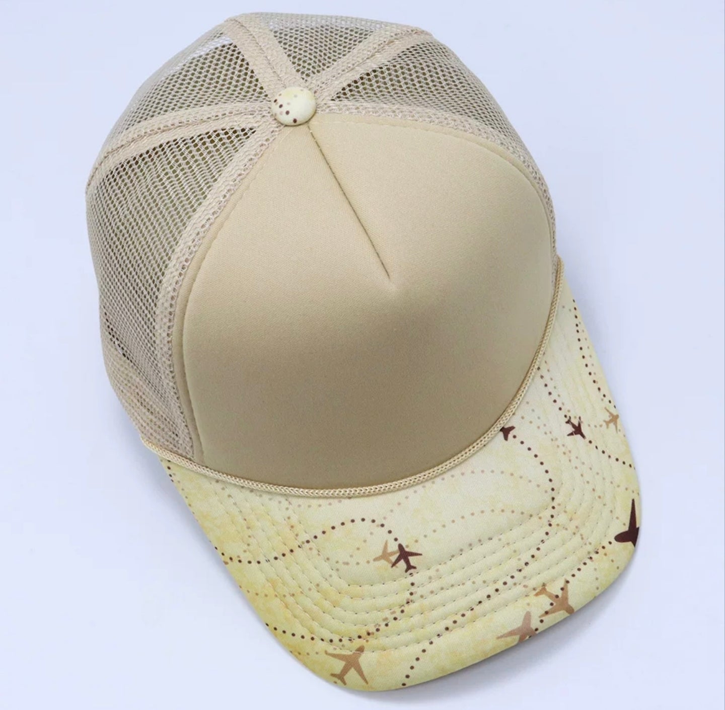 Beige Airplane Print Trucker Cap
