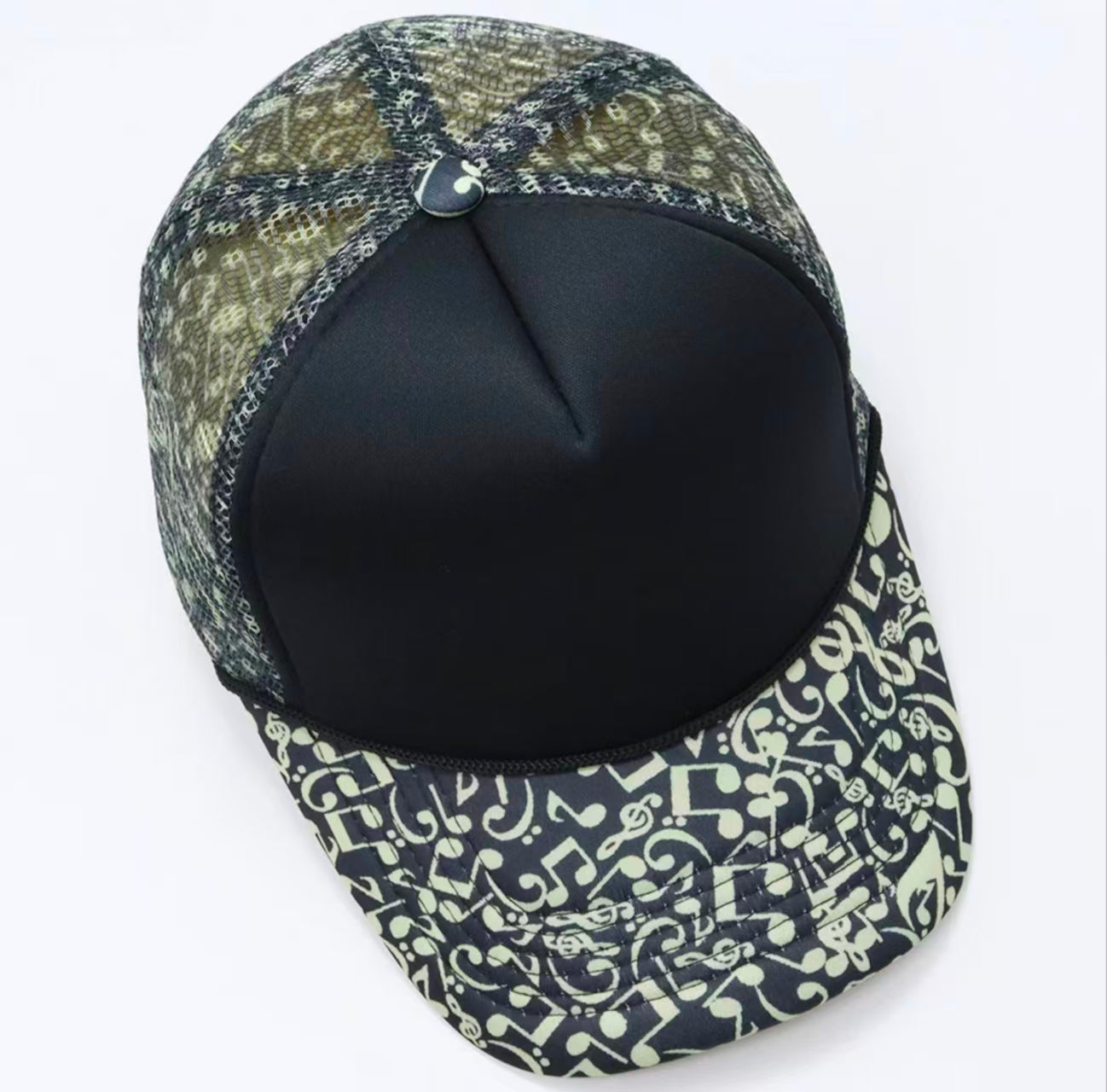 Black Music Note Print Trucker Cap